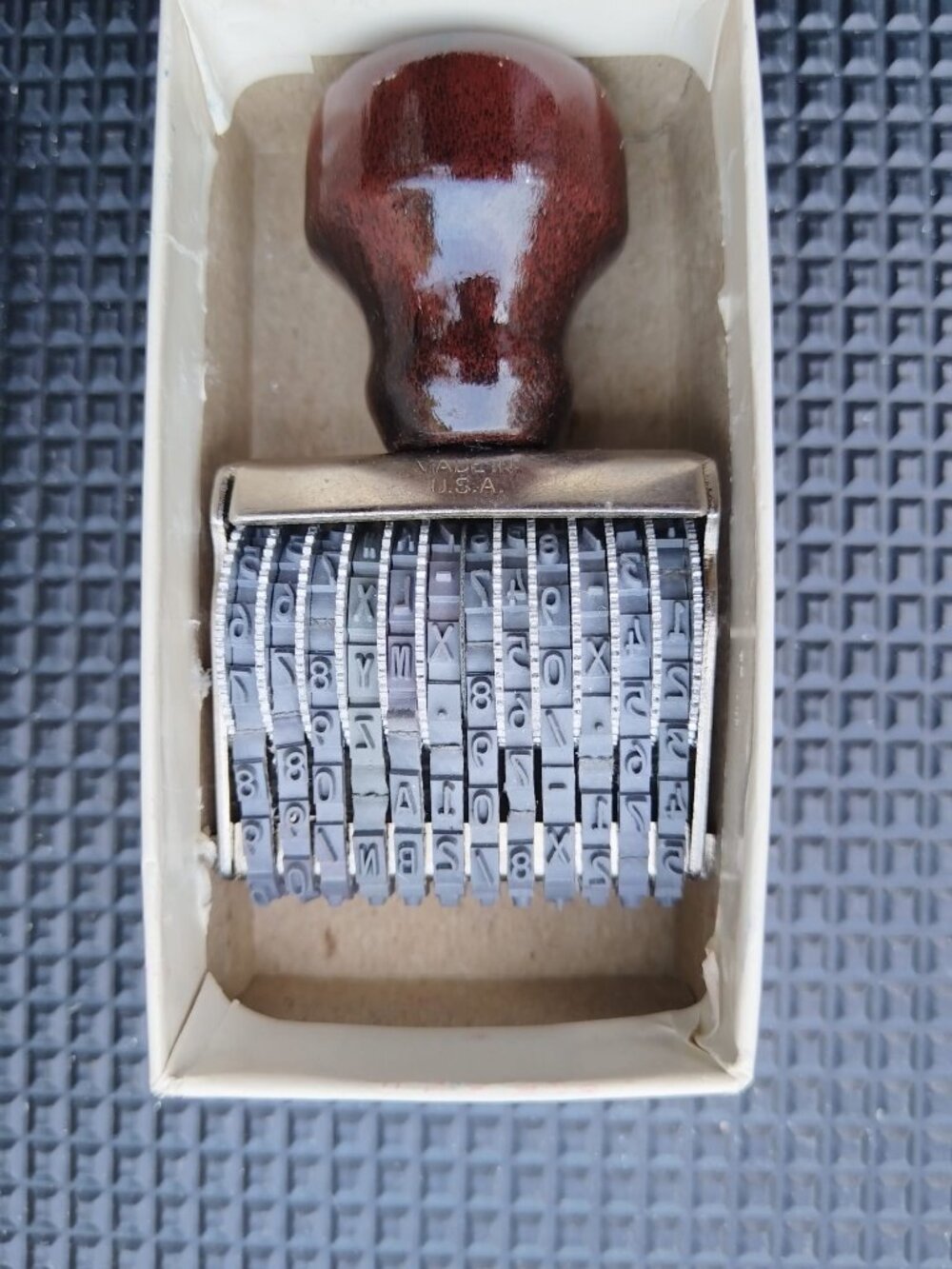 Vintage Wooden Handle Rubber Number & Letter Stamp Made in USA w/ Original Box
